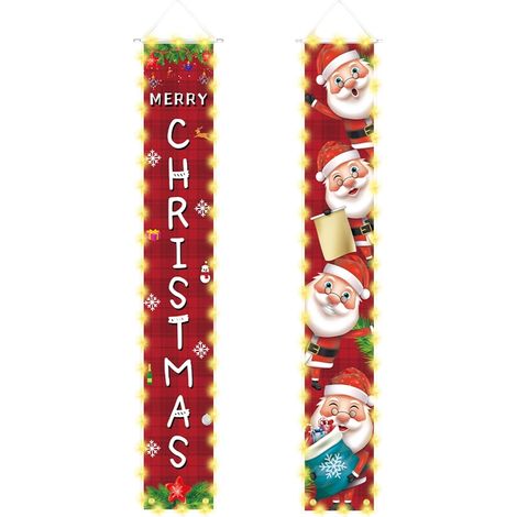 Bannière De Décoration De Noël - Avec Guirlande Lumineuse Led - Motif Bonhomme De Neige Et Père Noël - Pour Intérieur Extérieur - 30 X 180 Cm - 1 Pièce (1/5)