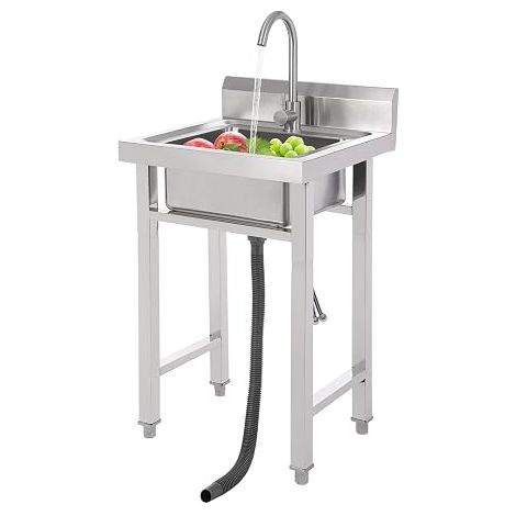Évier Commercial Inox, Plonge Professionnel Autoportant, Grand Bac Profond 35cm, Évier Cuisine sur Pied Inox 201 avec Robinet 360° et Panier Filtre, pour Restaurant Food Truck Jardin Garage 50x50x93cm (1/5)