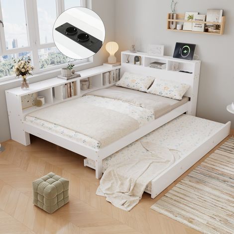 Lit fonctionnel modulable 120x200/90x190 cm bois blanc lit gigogne rangement latéral étagère tête et station de recharge, lit simple (sans Matelas) (1/5)