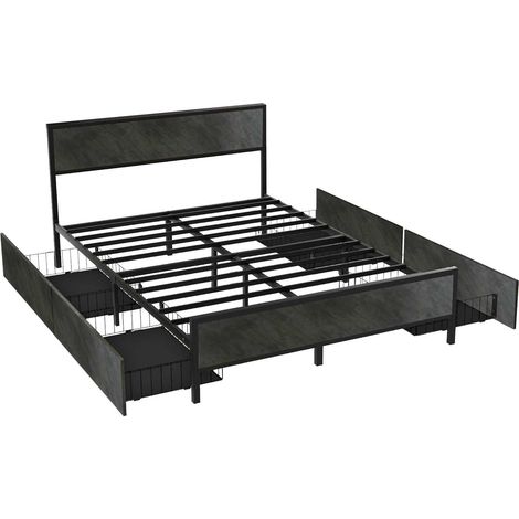 Hekla - Struttura letto matrimoniale in legno e metallo con 4 cassetti, 162x195 cm colore cemento