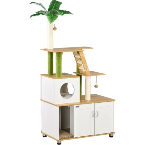 2-in-1 Hidden Cat Litter Box and Green Leaf Cat Tree with House, Ladder, Scratching Posts, and Platforms for Indoor Use in Oak (1/5)