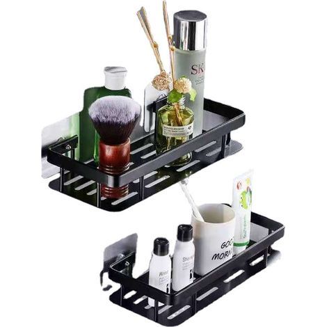 Scaffale doccia senza forare, scaffale doccia in acciaio inox a 2 livelli, mensola per bagno, scaffale doccia senza forare, porta shampoo, scaffale doccia, bagno e WC (nero) (1/5)
