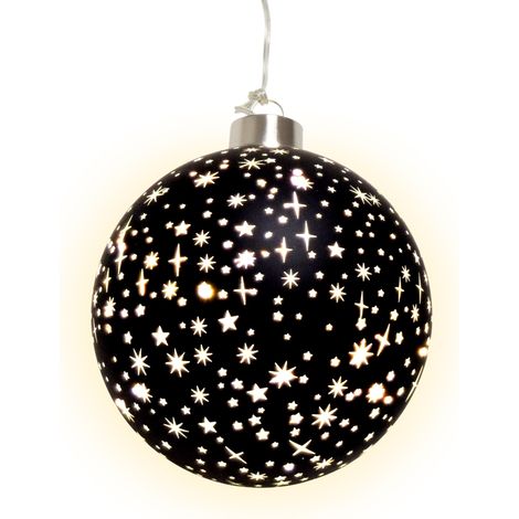 LED Weihnachts Glaskugel Sterne schwarz matt mit Timer - 12 cm - Deko Kugel warm weiß beleuchtet Batterie betrieben - Advent Winter Stimmungslicht Christbaumkugel edel elegant