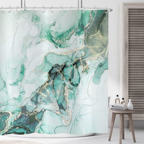 Rideau de Douche Marbre 180x180 cm, Abstrait Moderne Turquoise Or Blanc Aspect Marbre Texture Tissu Lavable Textile Rideau Douche imperméable pour Baignoire avec 12 Crochets (1/5)