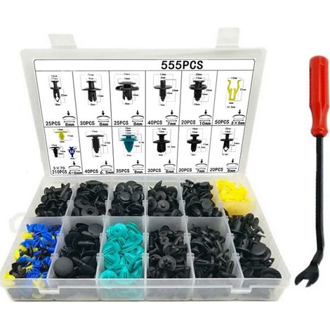 555 piezas de sujetadores automotrices de plástico con herramienta de extracción, remaches para guardabarros, clips interiores, clips para paneles de puertas y molduras. (1/5)