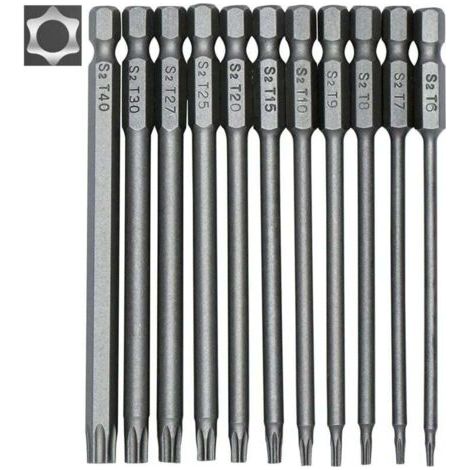 Pair Set mit 11 langen Torx-Bits für Schraubendreher und Bohrmaschinen – Magnetische Bits – 1/4\"-Sechskantschaft – Größen T6 bis T40 – Länge 100 mm