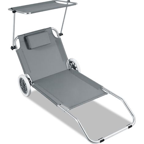 Randaco Lettino prendisole pieghevole con ruote 2 in 1, sdraio da spiaggia con parasole regolabile, schienale 4 posizioni, 147×52×15 cm, grigio