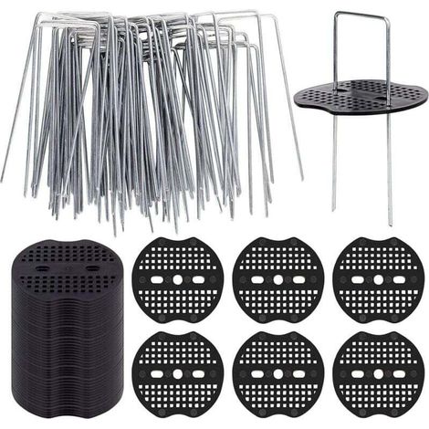50 de Lot piquets d'ancrage au sol et disques tampons, piquets anti-rouille en acier, clous en forme de U pour fixation de films, gazon artificiel, clôture, jardinage (1/5)