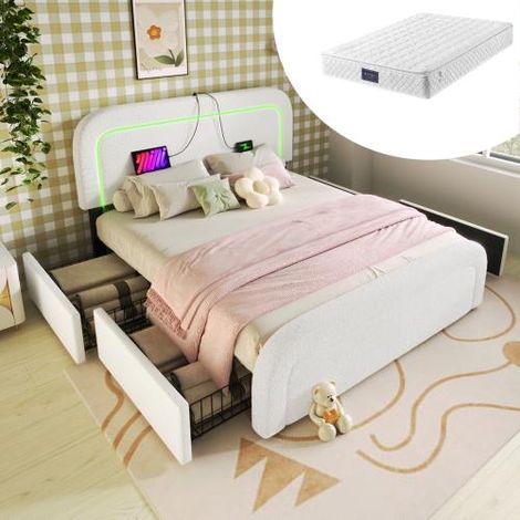 Cadre de lit avec port USB Type C, éclairage LED et 4 tiroirs, lit double capitonné 160 x 200 cm, tête de lit réglable en hauteur, sommier à lattes en bois, Sherp blanc (1/5)
