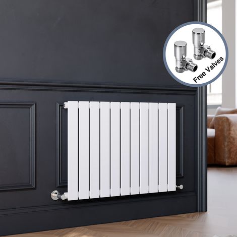 ELEGANT Designer Horizontal Flat Panel Radiator + Angled Radiator Valves 600 x 836 mm White Single Heater (1/5)