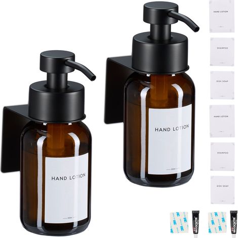 Relaxdays Dispenser di Sapone da Parete, 2 pz. Portasapone Ricaricabile da 250 ml, Acciaio Inox e Vetro, Marrone Nero