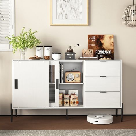 Buffet blanc 100 x 200 x 80 cm portes vitrées coulissantes 3 tiroirs cuisine entrée bureau (1/5)
