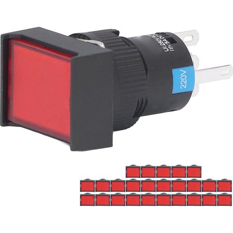 Interrupteur poussoir lumineux auto-bloquant BERM/BEM-LA16-11DS-J, forme rectangulaire 16mm, rouge, 220V, lot de 25 pièces, bouton miniature avec témoin intégré. (1/5)