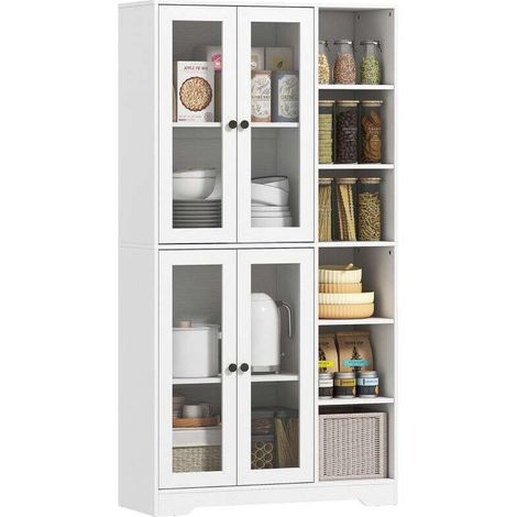 Armoire de Cuisine avec Portes en Verre, Étagères, Plateaux Ouverts, 172 cm, MDF, Blanc (1/4)