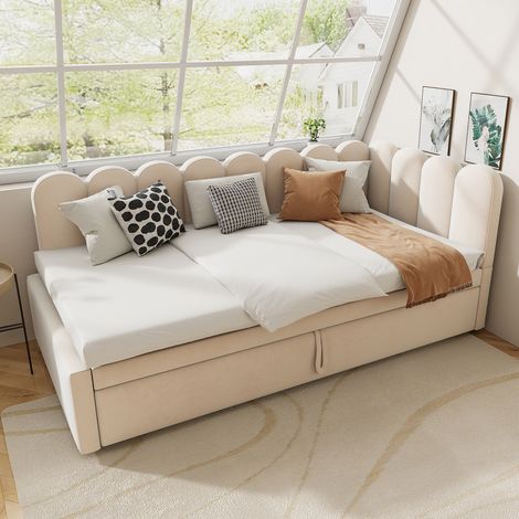 Canapé-lit multifonctionnel 2 en 1 en forme de L (90/180 x 200 cm), revêtement en velours beige, design gain de place, peut servir de lit enfant ou de lit d'appoint. (1/4)
