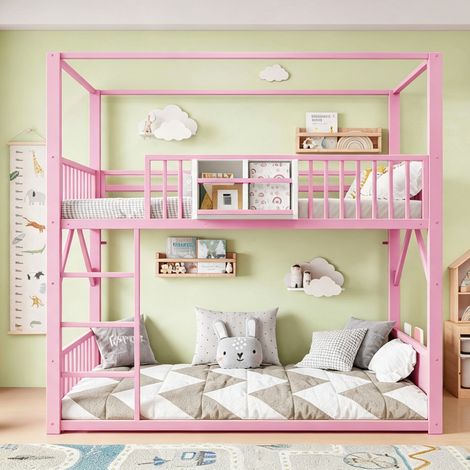 Lit Superposé Cabane Enfant 90x200 cm, 2 Couchages, Structure en Métal avec Étagère, Poche de Rangement et Barrières de Sécurité - Rose (1/5)