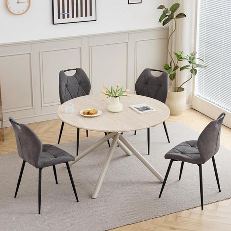 Essgruppe: Runder Tisch (115cm) mit 4 Leinenstühlen, Hellgelb + Grau (1/5)