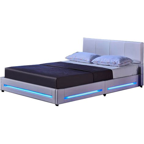 HOME DELUXE - LED Bett Asteroid - Weiß, 160 x 200 cm - Inkl. Matratze und Lattenrost I Polsterbett Design Bett inkl. Beleuchtung  Bett Mit Matratze 180X200