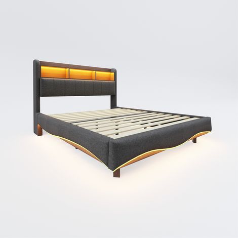 Cama tapizada con almacenamiento 140x200 cm gris en lino con LED, USB y USB-C (1/5)