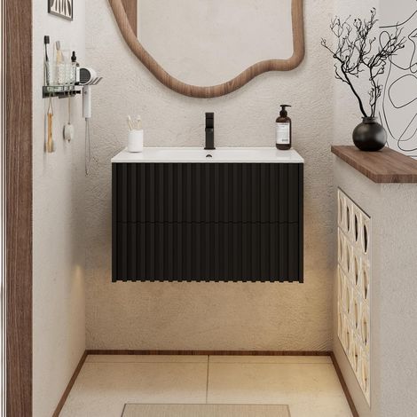 UEV Meuble Salle de Bain 80cm, Meuble Suspendu avec Lavabo en Céramique, Deux Tiroirs avec Grand Espace de Rangement, Poignée Cachée, Motif de Ligne, 80 x 45 x 50cm, Noir