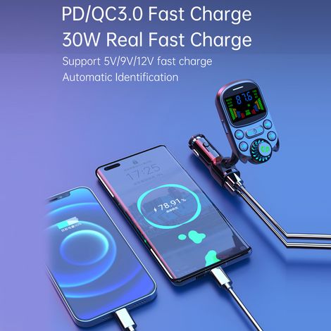 Ortviai Lecteur MP3 Bluetooth Voiture avec Émetteur FM, Écran OLED 2", Charge Rapide PD+QC3.0, Appels Mains-Libres, Noir (1/2)