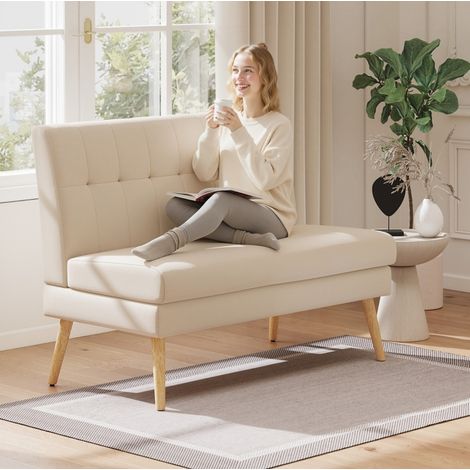 Sofá de 2 plazas 118x68x90 cm beige, compacto para espacios pequeños, tela efecto lino, MEUBLIV (1/5)