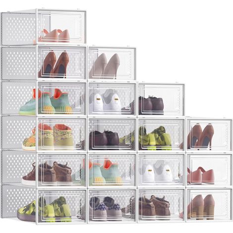 Boîtes à Chaussures, Rangement Chaussures en Plastique, Pliables et Empilables, pour Pointure Jusqu’à 43, Lot de 18, Transparent et Blanc Nuage LSP066W18 (1/5)