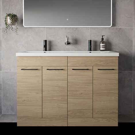 Napoli 390 Light Oak 1200mm 4 Door Vanity Unit with Double Glide Basins - 1200mm - Matt Black 160mm Handle
