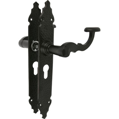 Ensemble de poignées Mod. 100PB 280 x 44 mm Poignée en Zamak avec plaque en acier Finition noire Inclut une rosace Europrofil Carré de 8 mm Style Rustique Forgé à la Main (1/5)