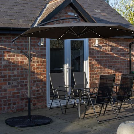 Outdoor 4 Person Rectangular Glass Top Garden Dining Table Chairs With Black Banana Lit Parasol and Base Set (1/5)