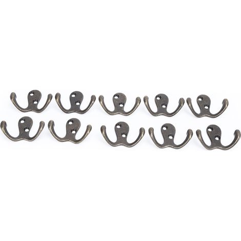 Lot de 10 crochets muraux doubles, petits, antirouille, robustes, durables et pratiques, pour manteaux, vêtements et clés (placage laiton antique). (1/5)