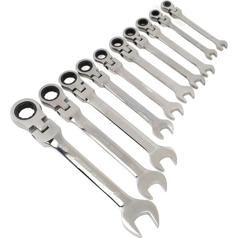 Jeu de 10 clés mixtes à cliquet à tête flexible en acier au chrome-vanadium, à ouverture rapide et multifonctions. (1/5)