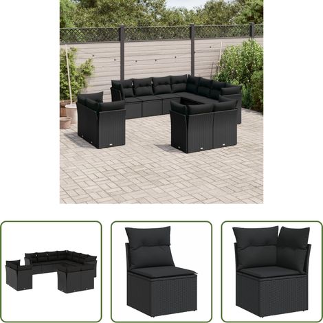 Gartenmöbel - 11-tlg. Garten-Sofagarnitur mit Kissen Schwarz Poly Rattan (1/5)