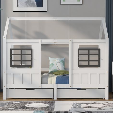 Lit cabane enfant 200x90 cm en bois blanc avec 2 tiroirs, gain de place, sans matelas – MEUBLIV (1/5)