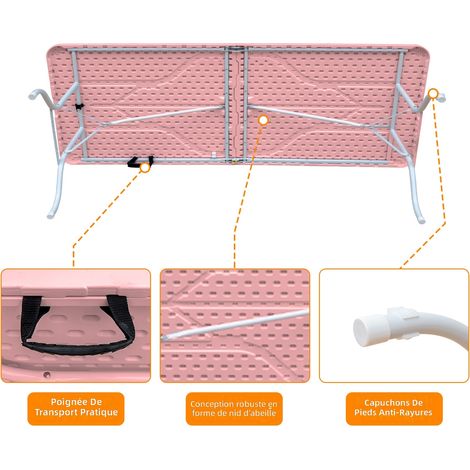 Table pliante portable robuste 244 cm avec poignée, table multifonction pour camping pique-nique intérieur extérieur, capacité 135 kg, couleur rose (1/5)