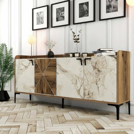 Dmora - Consola Dilici, Mesa multiusos, Gabinete de soporte, Escritorio de pasillo, 180x35h78 cm, Nogal y Mármol Blanco (1/5)