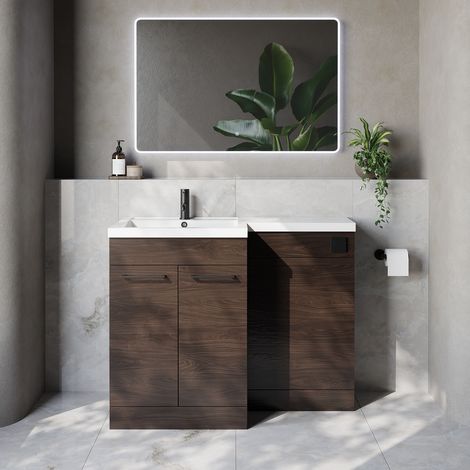 Napoli 460 Brown Oak 1100mm 2 Door Vanity Unit Toilet Suite with Left Hand Square Lucia Basin - 1100mm - Matt Black 160mm HandleWithout Kingston Toilet Pan