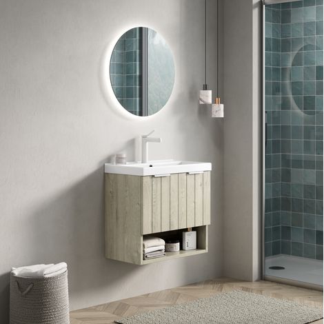 Meuble de salle de bain suspendu 55 cm avec lavabo céramique blanc et 2 portes, chêne clair (1/5)