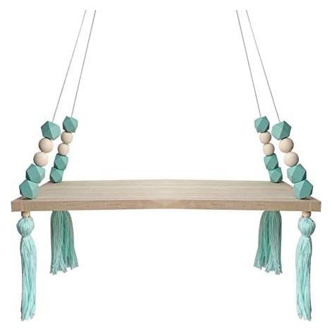 Nordic Wall Shelf with Floating Ropes Tassel Shelf Wooden Home Decoration (Green, 2pcs-38 14cm) (1/4)
