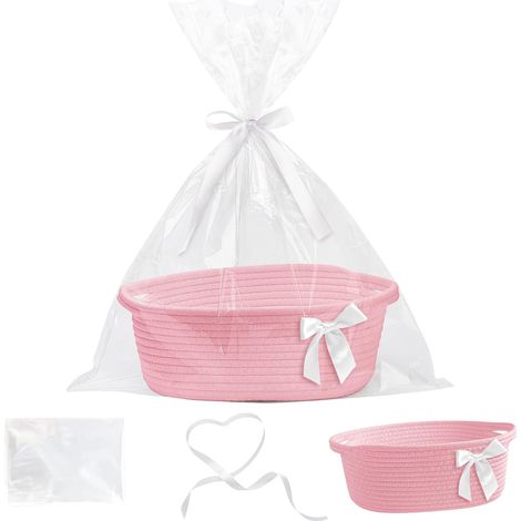 Leere Geschenkkörbe zum Befüllen mit Cellophantüte und Schleife, gewebter Aufbewahrungskorb mit Griffen, Präsentationskorb für Babypartys, Hochzeiten, Geburtstage, Weihnachten (Rosa) (1/5)