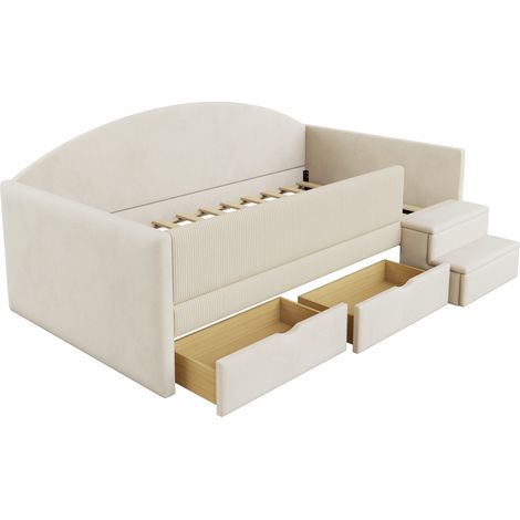 Lit capitonné banquette 90x190 multifonction, deux tiroirs et barrières, marches, velours doux, sans matelas, beige (1/5)