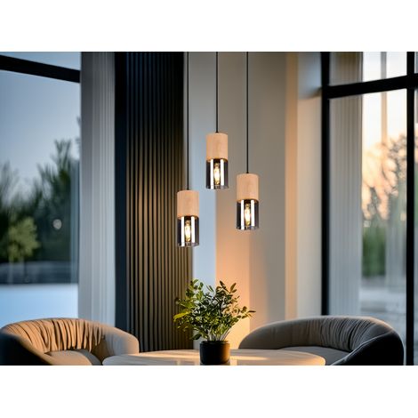 Cluster Pendelleuchte YELLE 3-flammig Lampenschirme Holz & Rauchglas Ø 37cm (1/5)