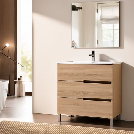 Meuble Salle de Bains JUPITER 80 3 tiroir avec miroir simple et plan céramique, finition effet chene naturel (1/5)