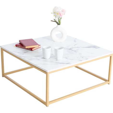 Meuble Cosy Table Basse de Salon Carré Effet Marbré Structure en métal, Style Rétro Industriel, 80x80x34cm, Blanc + doré (1/5)