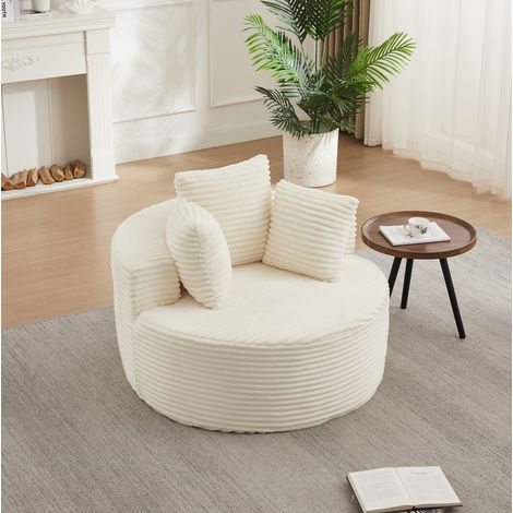 Fauteuil rond 110 cm beige en velours côtelé avec 3 coussins (1/5)