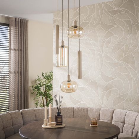 Suspension 5 lampes 50x150 cm en verre ambré et métal beige - NOEZI (1/5)