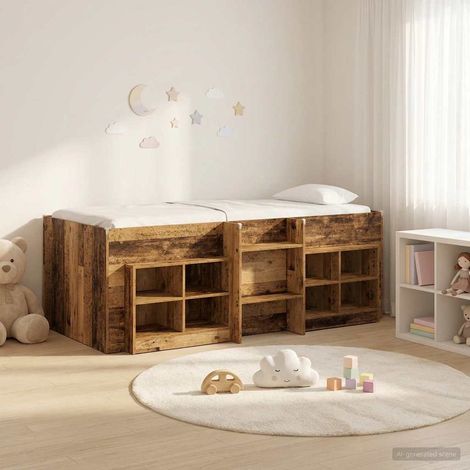 vidaXL Cadre de lit en loft avec armoire avec étagère 3 pc Bois ancien (1/5)