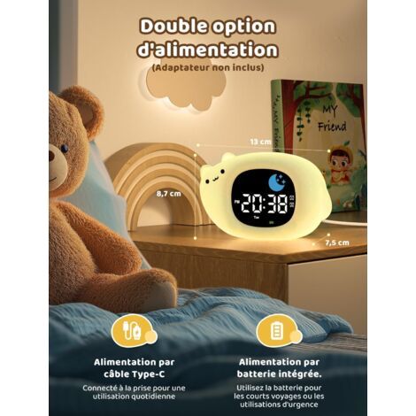 Sveglia educativa per bambini con 2 orari, 3 livelli di ripetizione, display 12/24h, 10 melodie, luminosità regolabile, illuminazione a 7 colori e forma gatto (1/4)