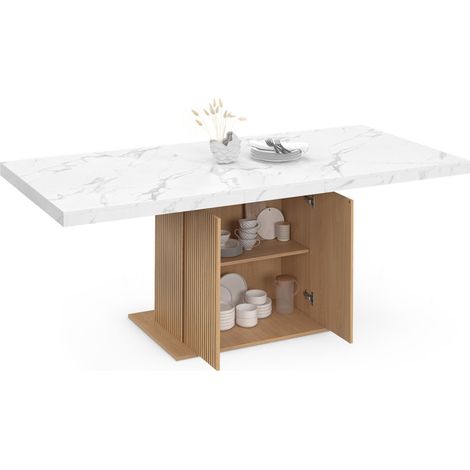 Tavolo da pranzo rettangolare allungabile JULIETTE 6-10 persone piano effetto marmo doghe in legno con contenitore 160-200 cm