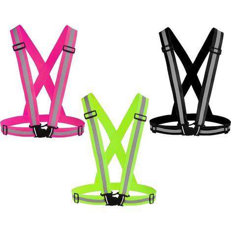 Set mit 3 reflektierenden Westen für Laufbekleidung, verstellbare Sicherheitswesten, gut sichtbare reflektierende Gürtelgurte – Grün + Pink + Schwarz (1/5)